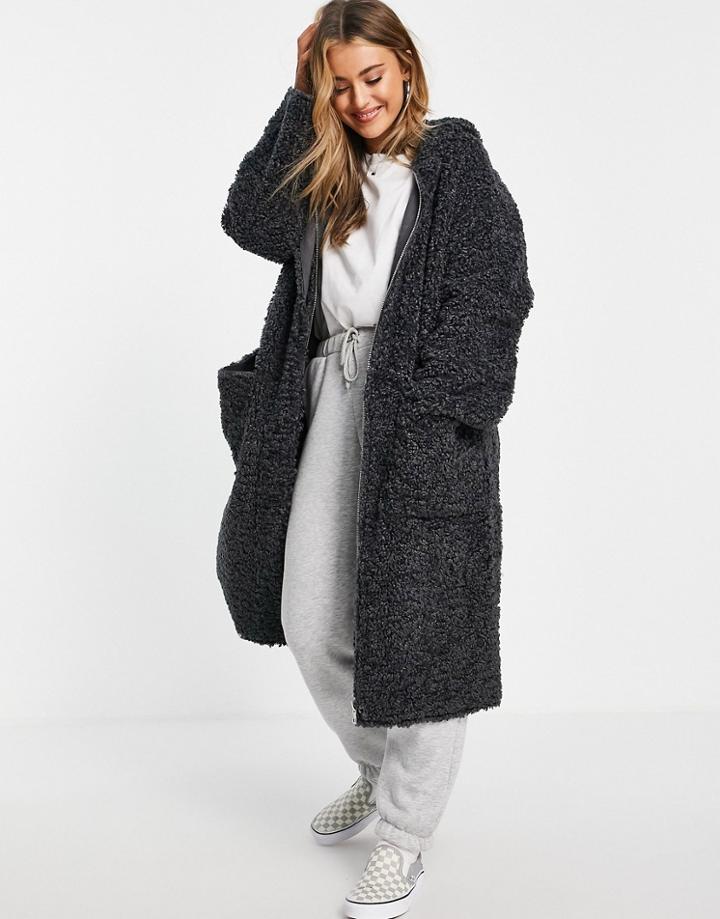 Asos Design Bonded Borg Parka Coat In Charcoal-grey