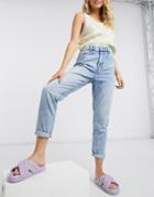 Bershka Organic Cotton Mom Jean In Light Blue-black