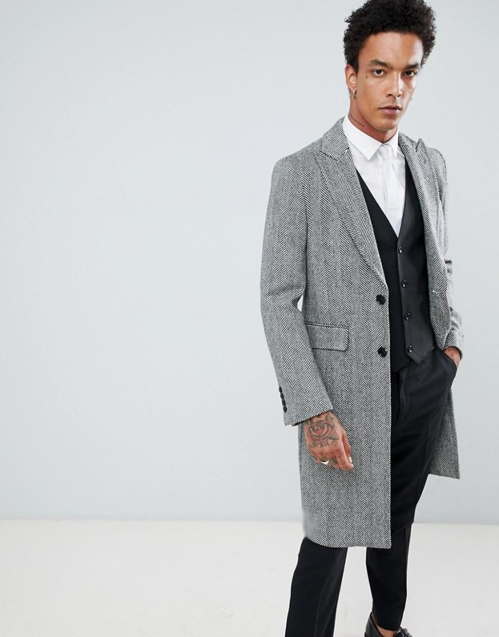 Gianni Feraud Premium Black And White Herringbone Wool Blend Overcoat - Black
