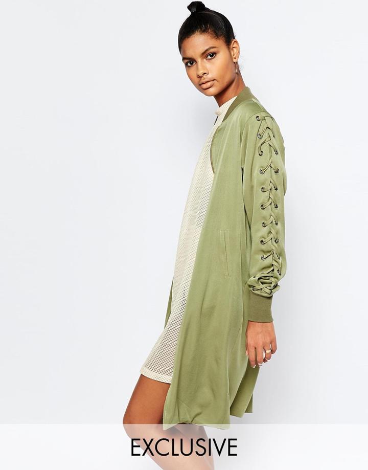 Story Of Lola Longline Bomber Jacket With Lace Up Detail - Khaki