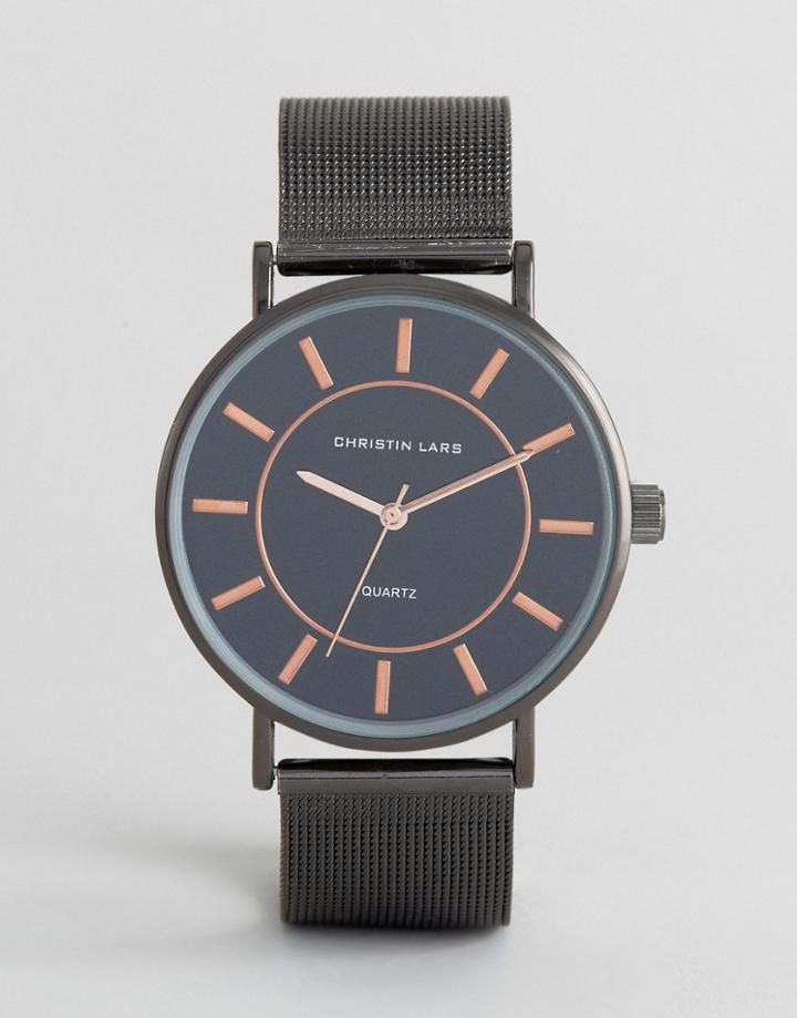 Christin Lars Gun Metal Watch With Round Black Dial - Black