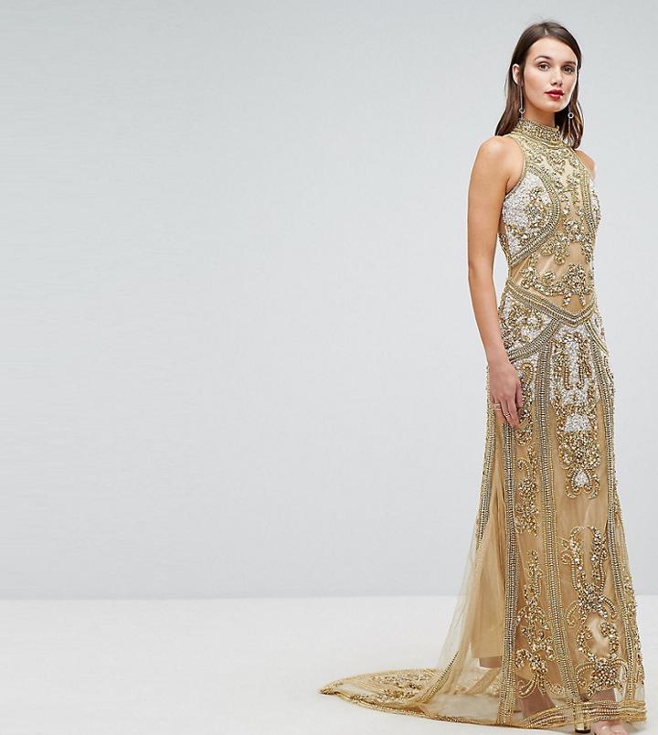 A Star Is Born High Neck Maxi Dress With Allover Embellishment In Pattern - Gold