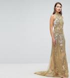 A Star Is Born High Neck Maxi Dress With Allover Embellishment In Pattern - Gold