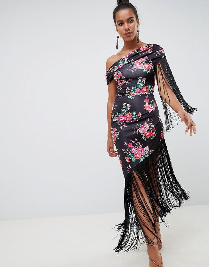 Asos Design Slinky Fringe Midi Dress In Floral Print - Multi