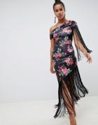Asos Design Slinky Fringe Midi Dress In Floral Print - Multi