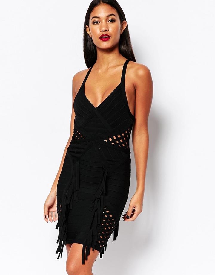 Forever Unique Cosmo Bandage Dress With Lattice And Fringing - Black
