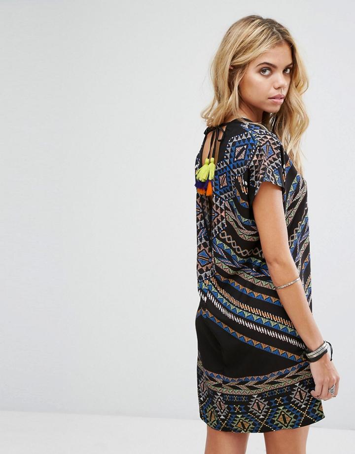 Noisy May Printed Dress With Tassel Back Detail - Multi