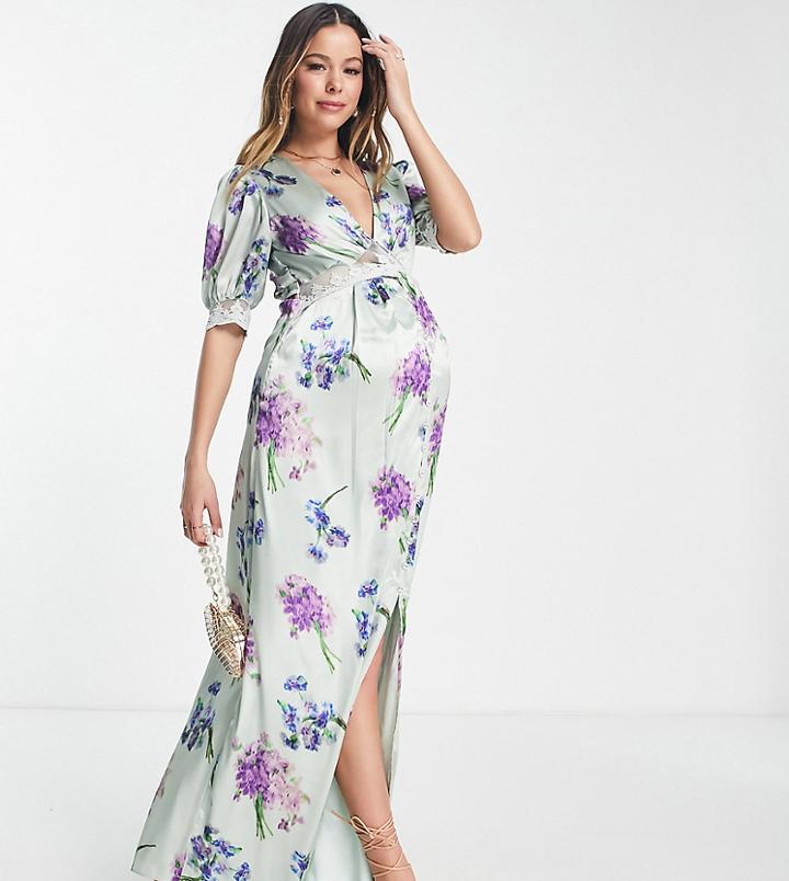 Hope & Ivy Maternity Avery Floral Print Satin Maxi Dress In Lilac-purple