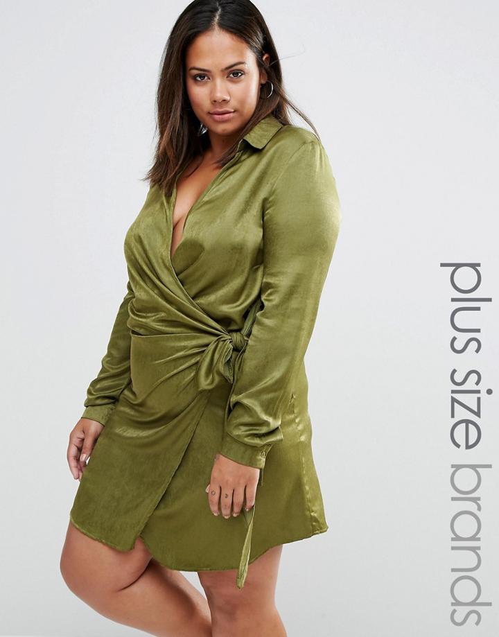 Missguided Plus Size Satin Wrap Tie Detail Dress - Green