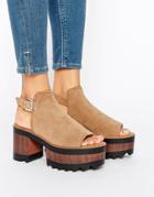Pull & Bear Faux Suede Wooden Heeled Sandals - Beige