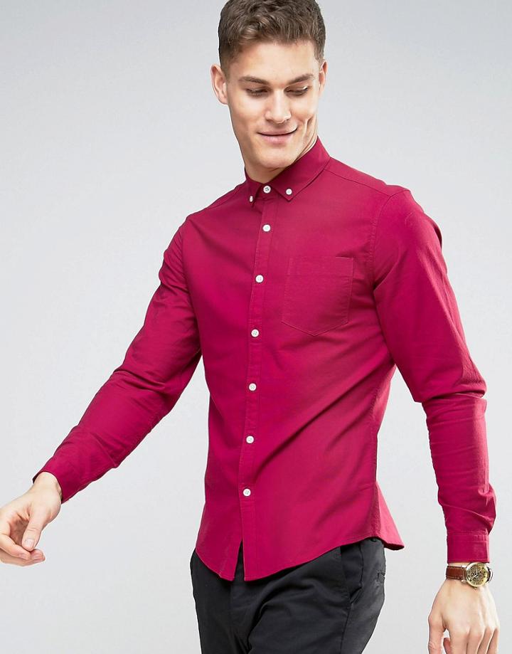 Asos Slim Oxford Shirt With Stretch In Dark Pink - Red