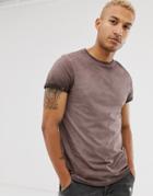Asos Design T-shirt With Roll Sleeve In Pigment Wash In Brown - Brown
