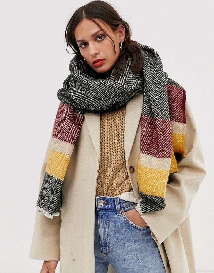 Asos Design Long Oversized Herringbone Scarf In Black & Gray