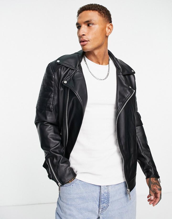 Asos Design Regular Fit Core Faux Leather Biker Jacket In Black