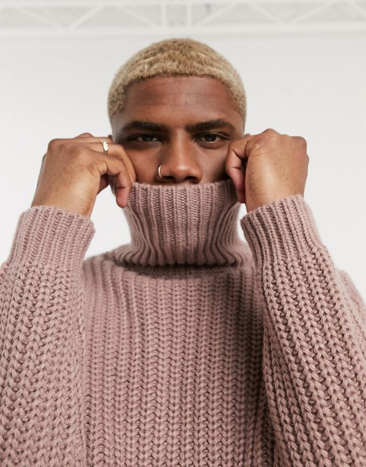 Asos Design Heavyweight Fisherman Rib Roll Neck Sweater In Pink