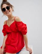 Asos Design Off Shoulder Cotton Top With Sweetheart Neck - Red