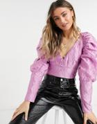 Off-the-shoulder Open Back Puff Sleeve Jacquard Top With Bow Detail In Pink