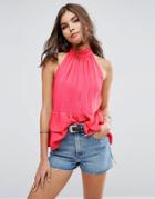 Asos Plunge High Neck Top In Crinkle - Red