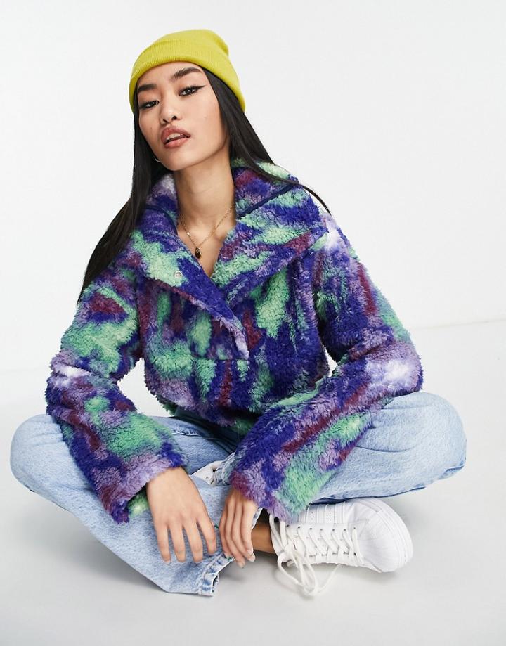 Monki Recycled Polyester High Neck Sweatshirt In Green And Blue Marble Print-multi