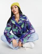 Monki Recycled Polyester High Neck Sweatshirt In Green And Blue Marble Print-multi
