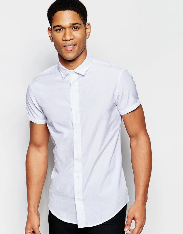 Armani Jeans Shirt With Jaquard Pattern Slim Fit Short Sleeves - White