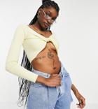 Collusion Knit Ribbed Twist Front Top In Yellow