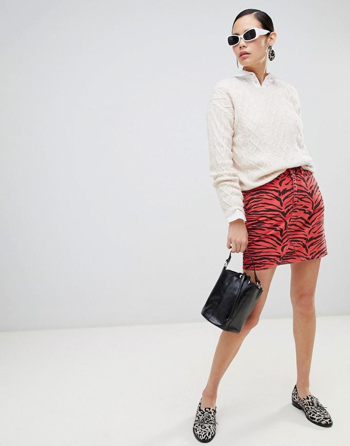 New Look Zebra Print Denim Mini Skirt - Red