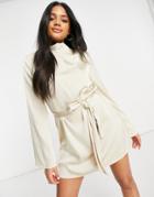 Pretty Lavish High Neck Satin Tie Waist Mini Dress In Oyster-white