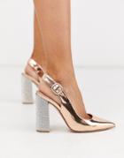 Asos Design Penley Embellished Slingback High Block Heels In Rose Gold