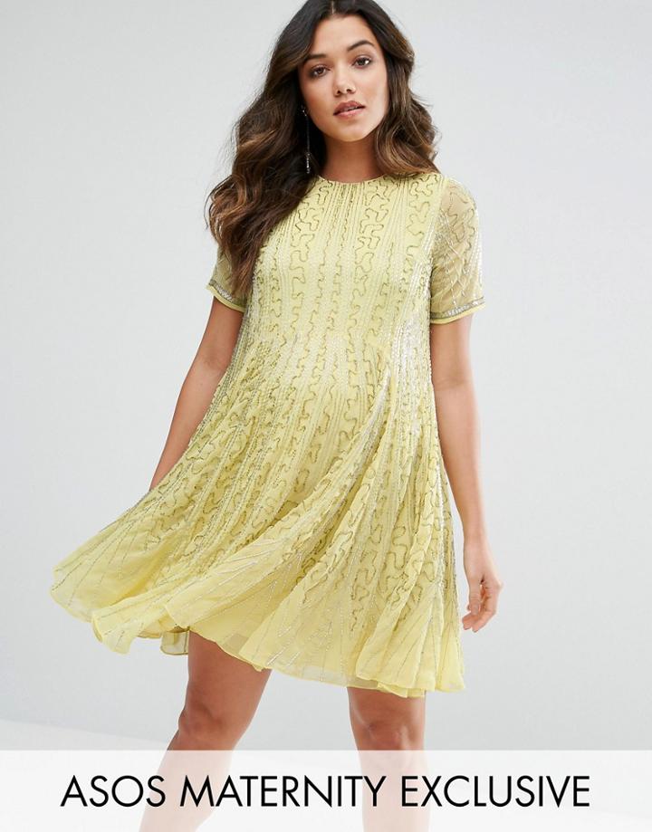 Asos Maternity Bugle Beaded Skater Dress - Yellow