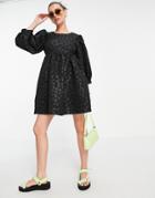 Annorlunda Volume Mini Smock Dress In Jacquard Print-black