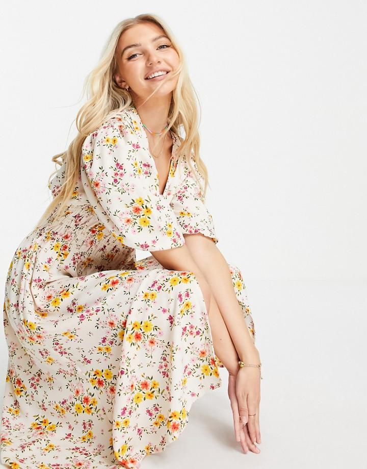 Asos Design Shirred Midi Tea Dress In Cream Meadow Floral Print-multi