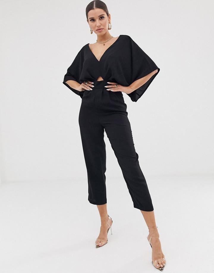 Asos Design Jumpsuit With Kimono Sleeve And Peg Leg-black