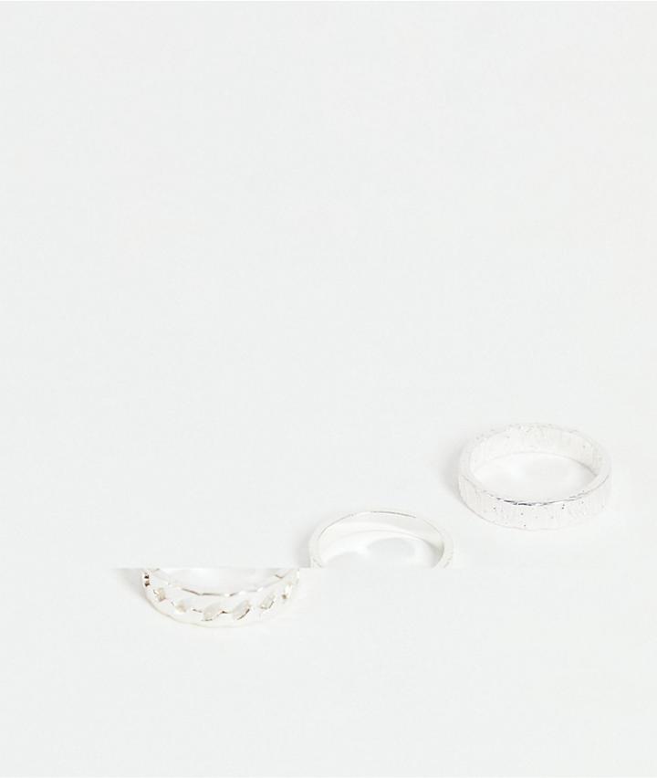 Asos Design 3 Pack Band Ring Set With Chain And Embossing In Real Silver Plate
