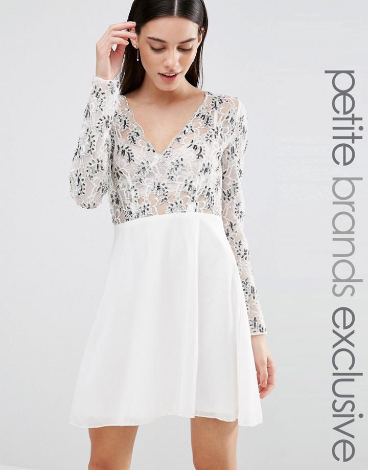 Maya Petite Long Sleeve Plunge Front Embellished Skater Dress - Cream