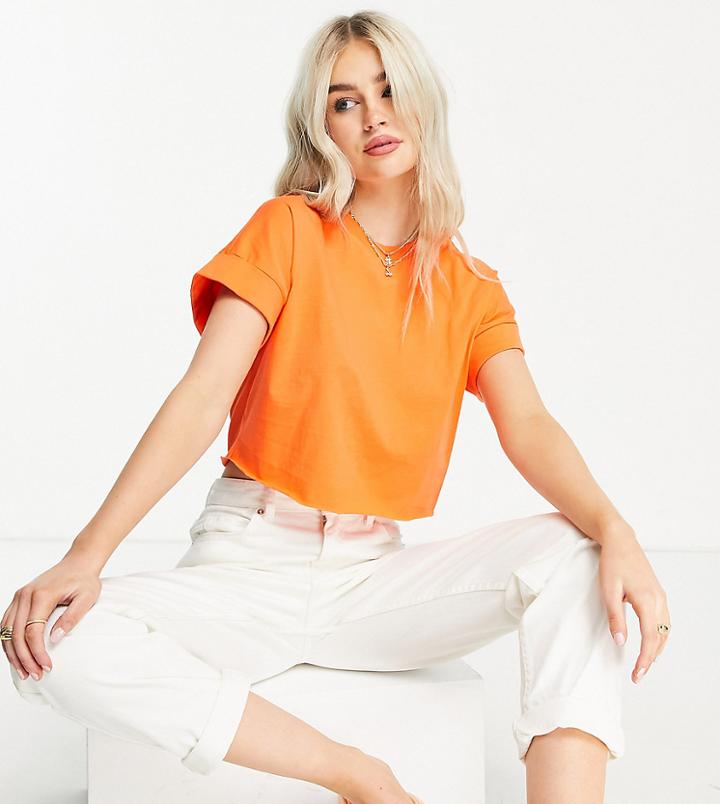Asos Design Petite Cropped T-shirt With Roll Sleeve In Orange