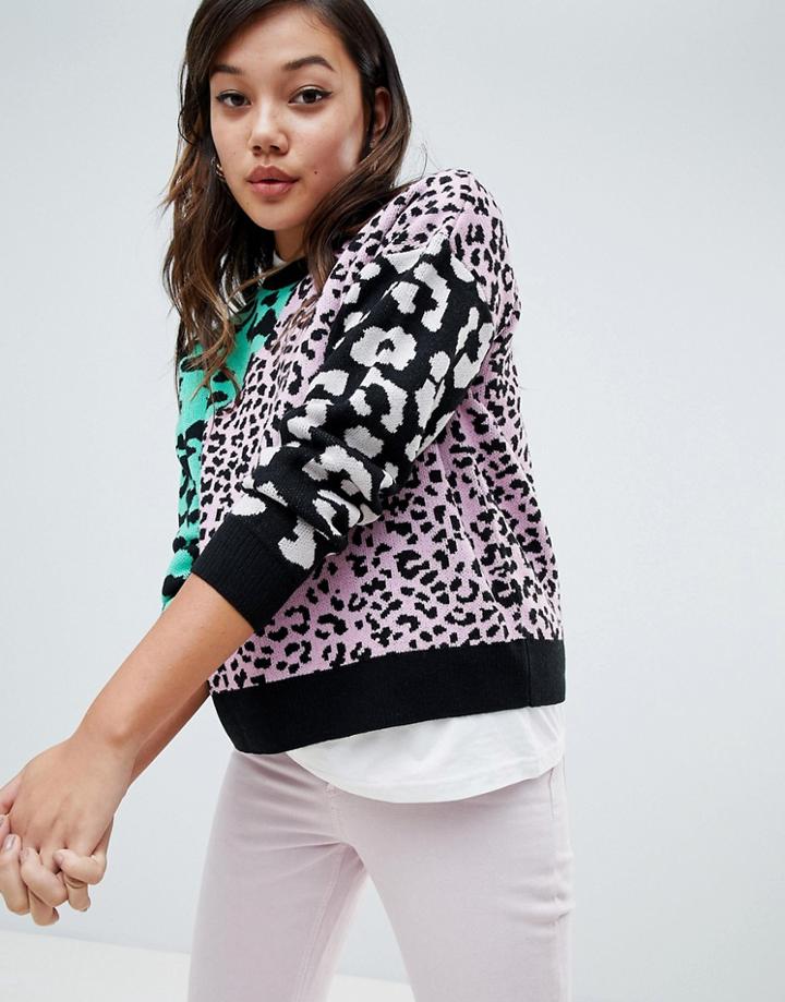 Asos Design Sweater In Color Block Leopard - Multi