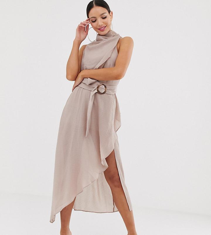 Asos Design Tall Drape Neck Midi Dress In Textured Fabric With Self Belt - Beige
