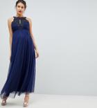 Little Mistress Maternity Applique High Neck Maxi Dress-navy