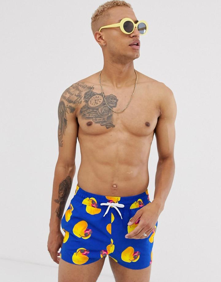 Asos Design Swim Shorts In Blue With Rubber Duck Print Super Short Length - Blue