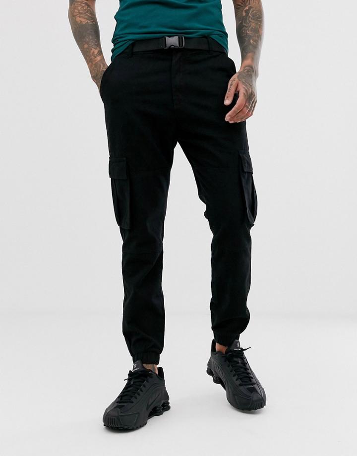 Bershka Cargo Sweatpants With Belt In Black - Black