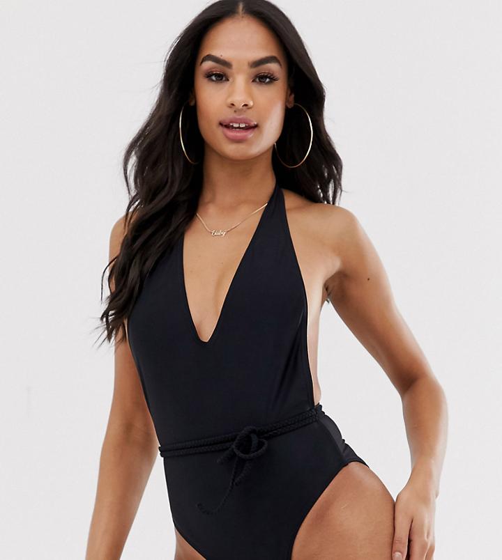South Beach Exclusive Eco Plunge Belted Swimsuit In Black - Black