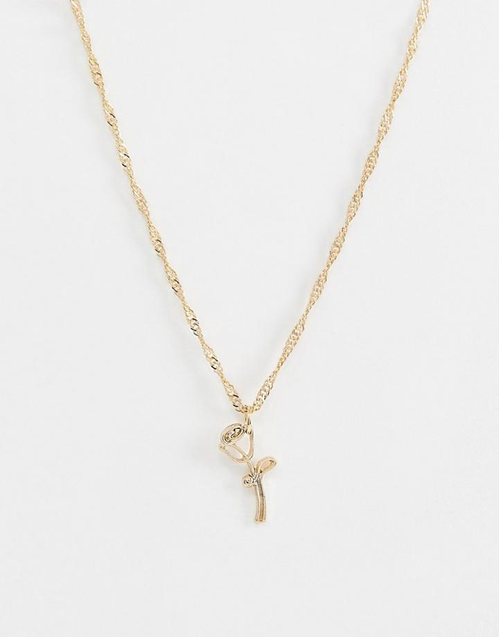Asos Design Necklace With Wire Rose Pendant In Gold