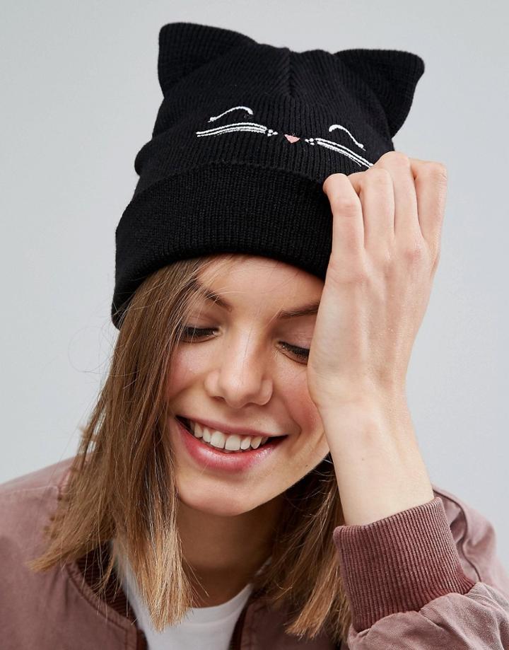 Asos Cat Embroidered Beanie - Black