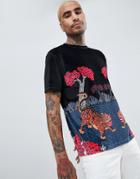 Asos Design Relaxed T-shirt In Velour With Tiger Souvenir Tree Print - Black