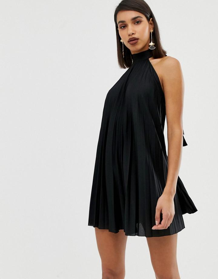 Asos Design Backless Halter Pleated Mini Dress-black