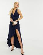 Lipsy Bridesmaid Halterneck Maxi Dress With Wrap Front In Navy