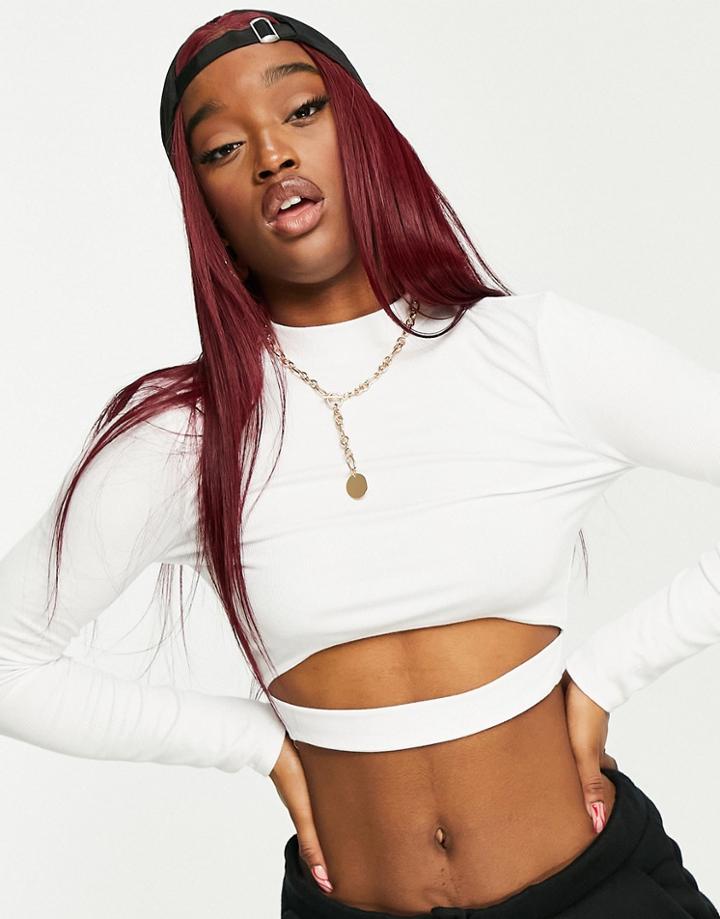 Asos Design Long Sleeve Crop Top With Under Bust Cut Out In White