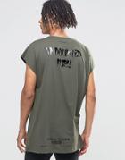 Asos Oversized Sleeveless T-shirt With High Shine Back Print In Khaki - White