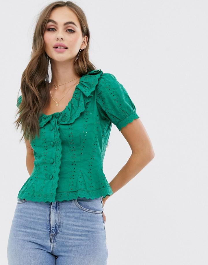 Asos Design Short Sleeve Tea Blouse In Broderie With Collar Detail-white